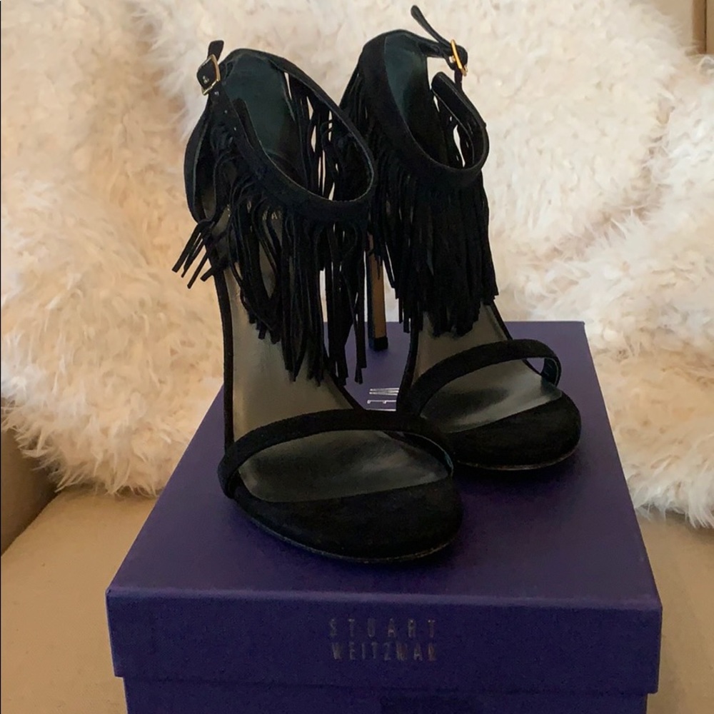 Nib Stuart Weitzman Love Fringe Size 7 Black Suede - image 2